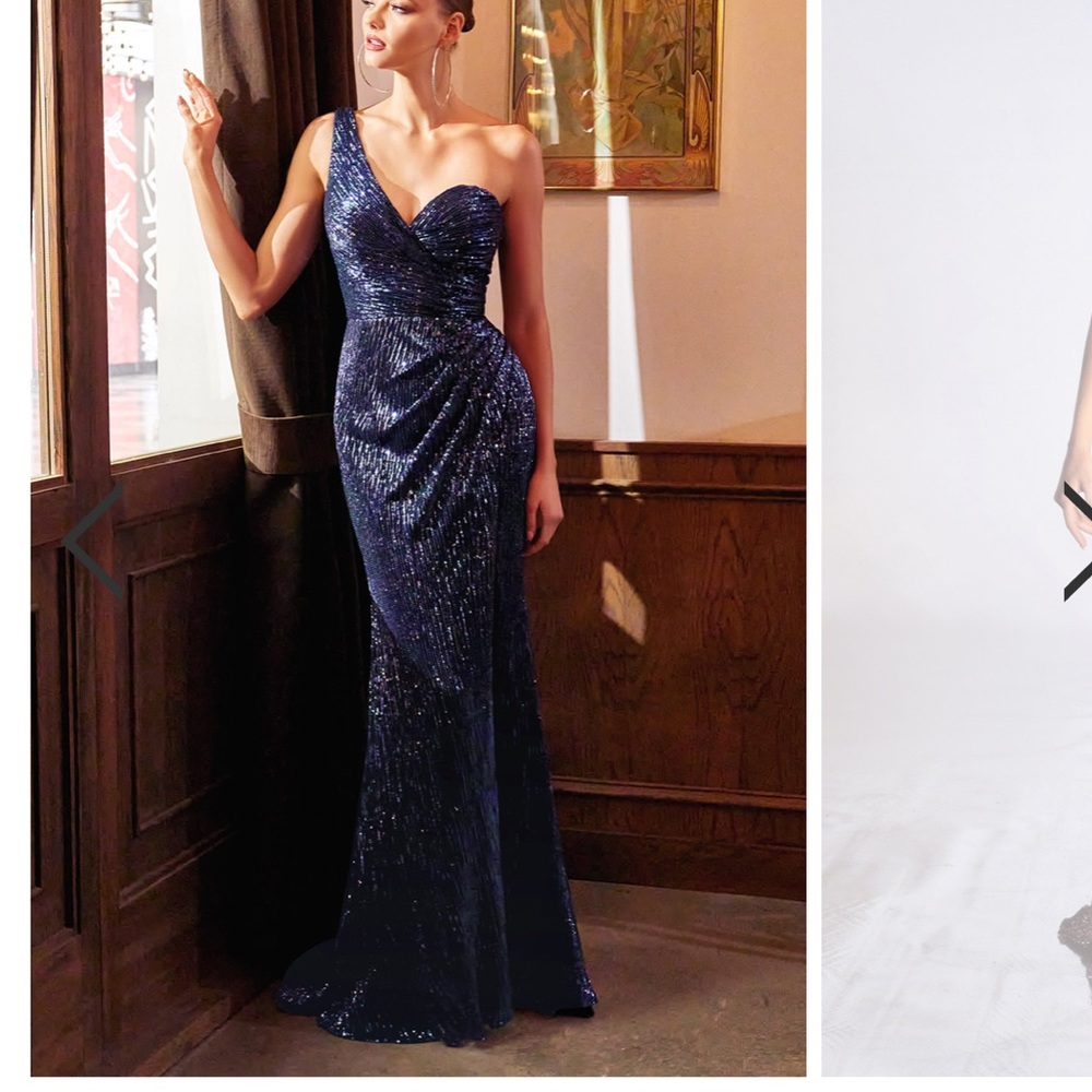 One shoulder navy sparkly prom dress